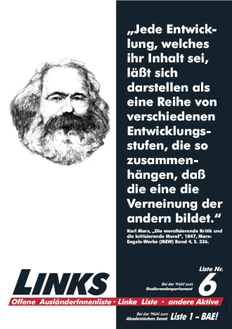 „Jede Entwicklung, welches ihr Inhalt sei, läßt sich darstellen als eine Reihe von verschiedenen Entwicklungsstufen, die so zusammenhängen, daß die eine die Verneinung der andern bildet.“ Karl Marx, „Die moralisierende Kritik und die kritisierende Moral“, 1847, Marx-Engels-Werke (MEW) Band 4, S. 336.