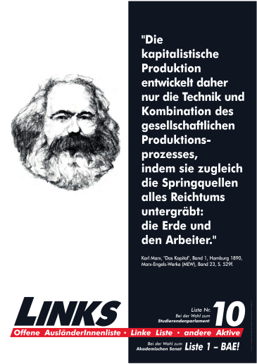 „Die kapitalistische Produktion entwickelt daher nur die Technik und Kombination des gesellschaftlichen Produktionsprozesses, indem sie zugleich die Springquellen alles Reichtums untergräbt: die Erde und den Arbeiter.“ Karl Marx, „Das Kapital“, Band 1, Hamburg 1890,
Marx-Engels-Werke (MEW), Band 23, S. 529f.